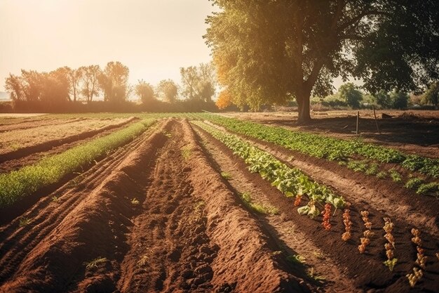 Ein Bauernhof mit Salatreihen, die auf dem Feld wachsen