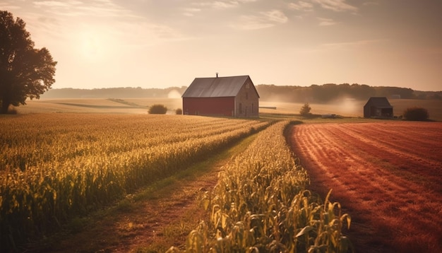 Ein Bauernhof mitten auf einem Feld mit einer roten Scheune im Hintergrund.