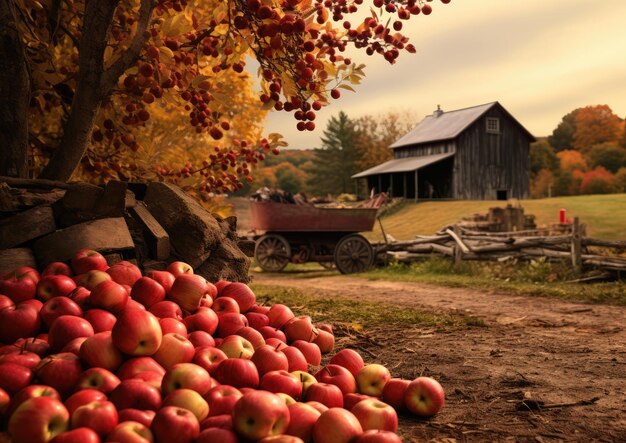 Ein Bauernhofbesuch, um inmitten von Herbstlaub Äpfel zu pflücken