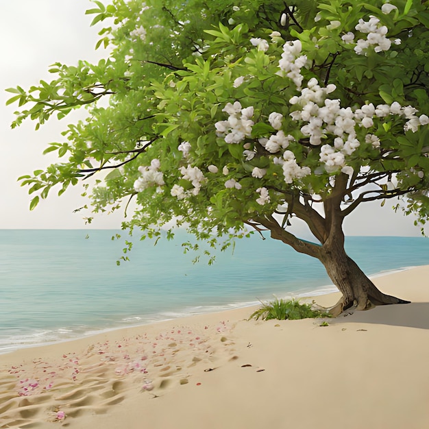 ein Baum am Strand hat eine weiße sternförmige Blume in der Mitte