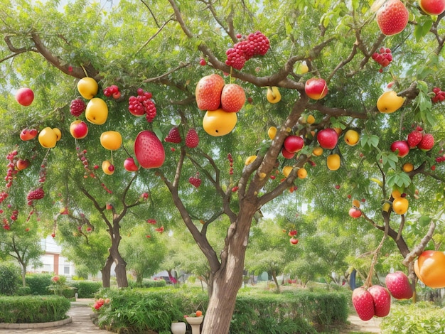 Foto ein baum, an dem viele früchte hängen