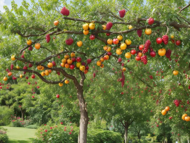 Foto ein baum, an dem viele früchte hängen