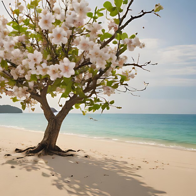 ein Baum an einem Strand mit einem Strand im Hintergrund