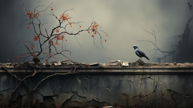 Ein Baum an einer Wand, über dem ein schwarzer Vogel fliegt