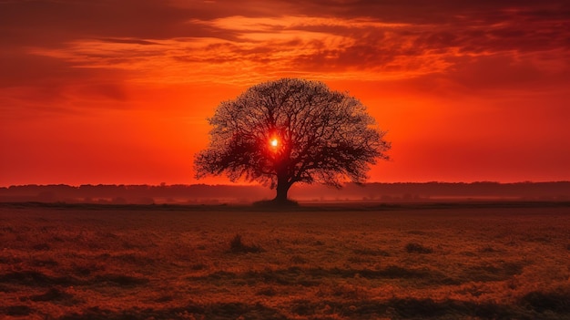 Ein Baum auf einem Feld, durch dessen Mitte die Sonne scheint