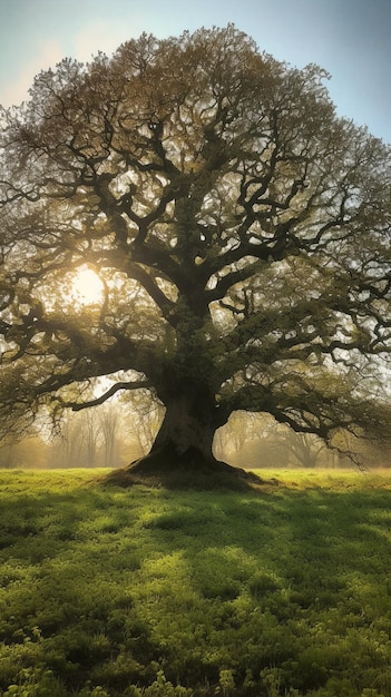 Ein Baum auf einem Feld, durch dessen Äste die Sonne scheint