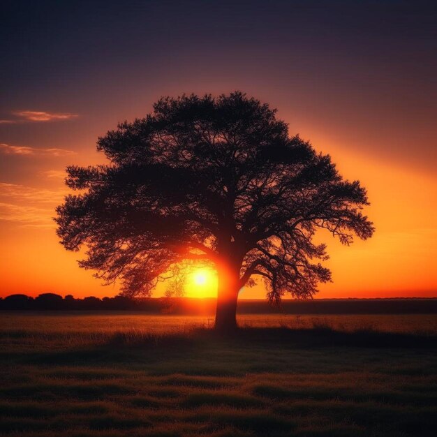 ein Baum auf einem Feld, hinter dem die Sonne untergeht