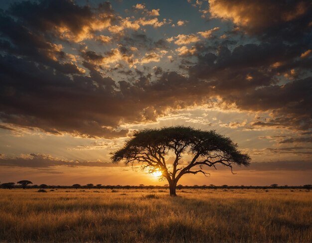 ein Baum auf einem Feld, hinter dem die Sonne untergeht