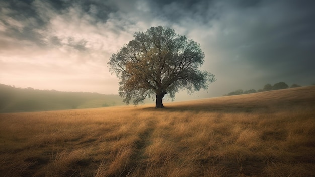 Ein Baum auf einem Feld mit bewölktem Himmel