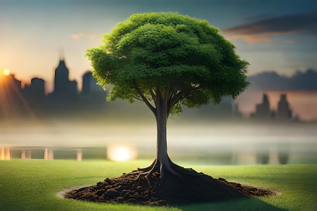 ein Baum auf einem Feld mit der Stadt im Hintergrund