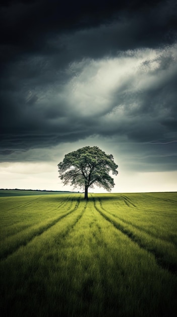 ein Baum auf einem Feld mit einer Sturmwolke im Hintergrund.