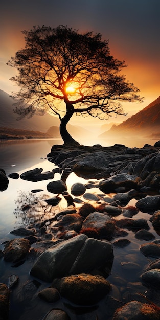 Ein Baum auf einem Felsen am Wasser