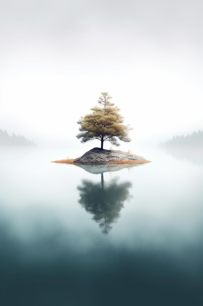 ein Baum auf einem Felsen im Wasser mit einem Baum in der Mitte.