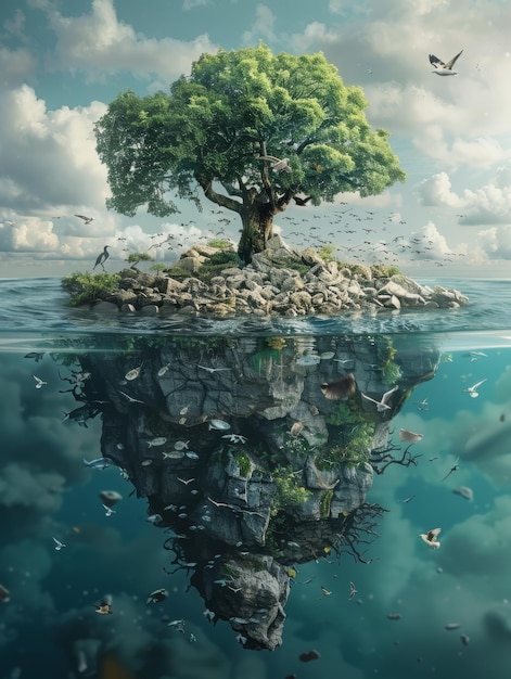 ein Baum auf einem Felsen mit der Reflexion des Himmels und des Wassers darunter