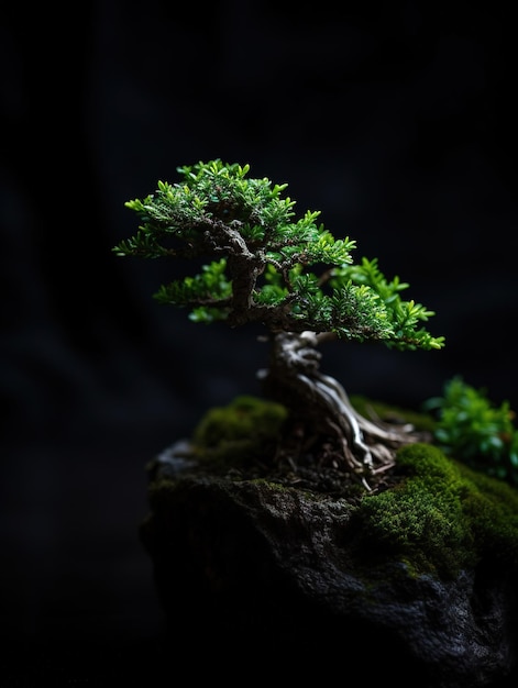 Ein Baum auf einem Felsen mit dunklem Hintergrund