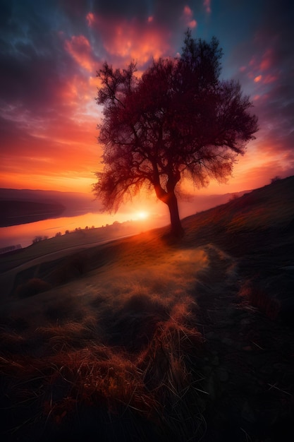 Ein Baum auf einem Hügel, hinter dem die Sonne untergeht