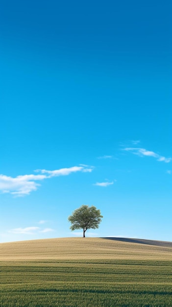 ein Baum auf einem Hügel mit einem blauen Himmelshintergrund