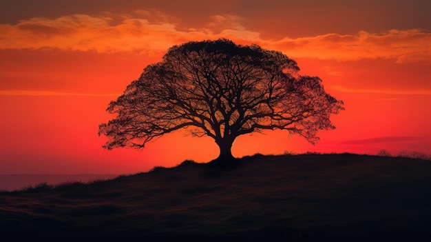 Ein Baum auf einem Hügel mit einem roten Himmel im Hintergrund