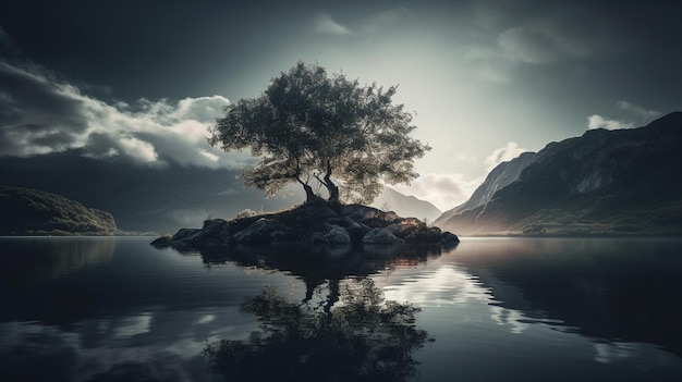 Ein Baum auf einer kleinen Insel mit Bergen im Hintergrund