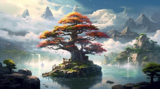 Ein Baum auf einer kleinen Insel mit einem Wasserfall im Hintergrund