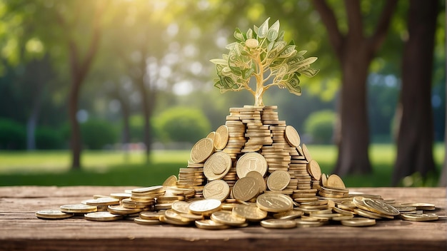 Ein Baum aus goldenen Münzen und Geldscheinen