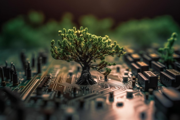 Ein Baum, der aus einem Computerchip wächst.