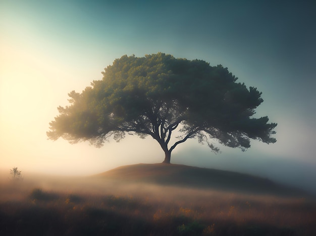 Foto ein baum im nebel mit der sonne dahinter