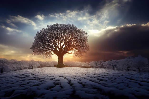 Ein Baum im Schnee, auf den die Sonne scheint