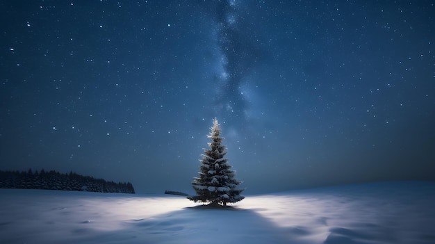 Ein Baum im Schnee mit der Milchstraße im Hintergrund