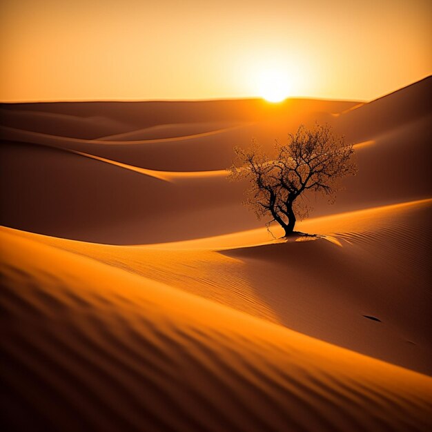 Ein Baum in der Wüste, hinter dem die Sonne untergeht