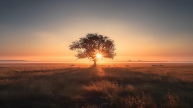 Ein Baum in einem Feld, in dem die Sonne durch die Wolken scheint