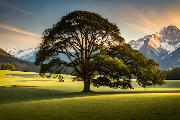 Ein Baum in einem Feld mit Bergen im Hintergrund