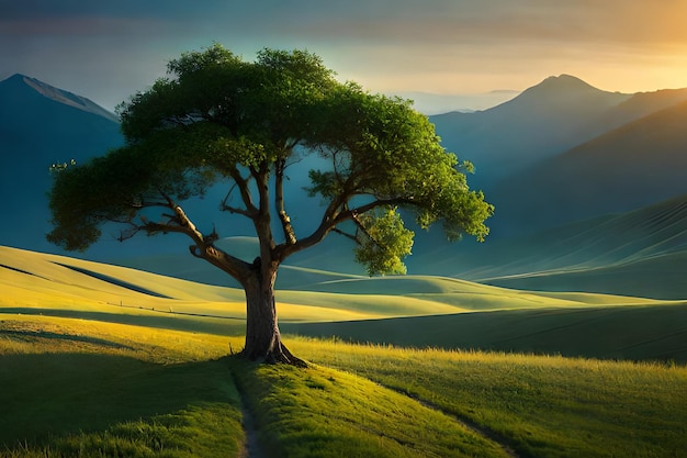 Ein Baum in einem Feld mit Bergen im Hintergrund