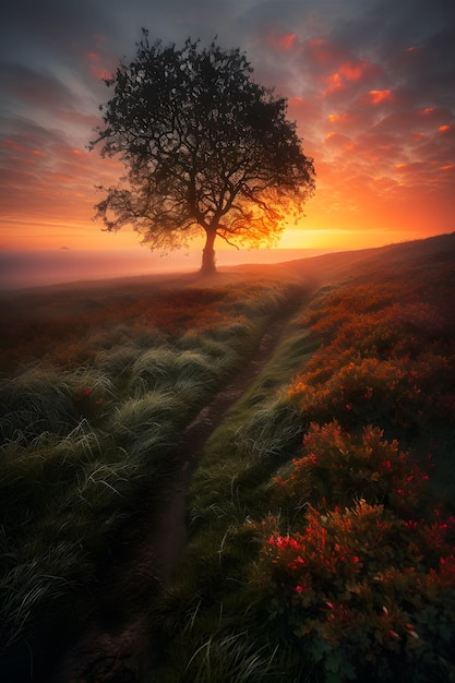 Ein Baum in einem Feld mit einem Sonnenuntergang im Hintergrund