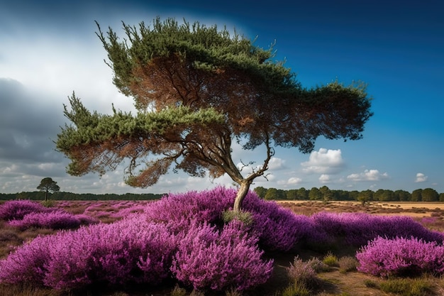 Ein Baum in einem Feld mit lila Blüten