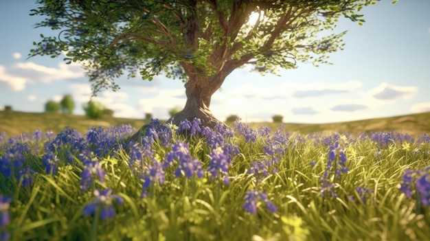 Ein Baum in einem Feld voller Glockenblumen