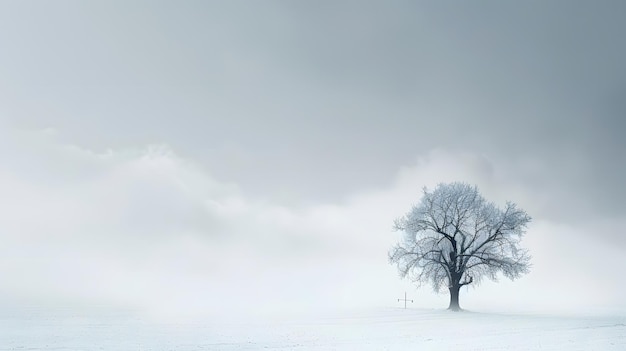 ein Baum in einem verschneiten Feld mit einem nebligen Hintergrund