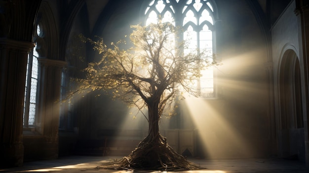 ein Baum in einer Kirche, durch den Sonnenlicht strömt