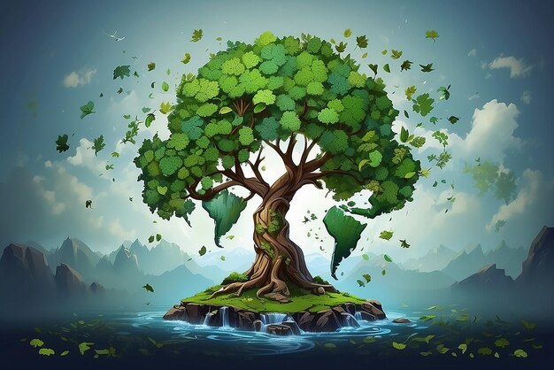 Ein Baum mit Blättern der Weltkarte Konzept Umwelt retten die Welt