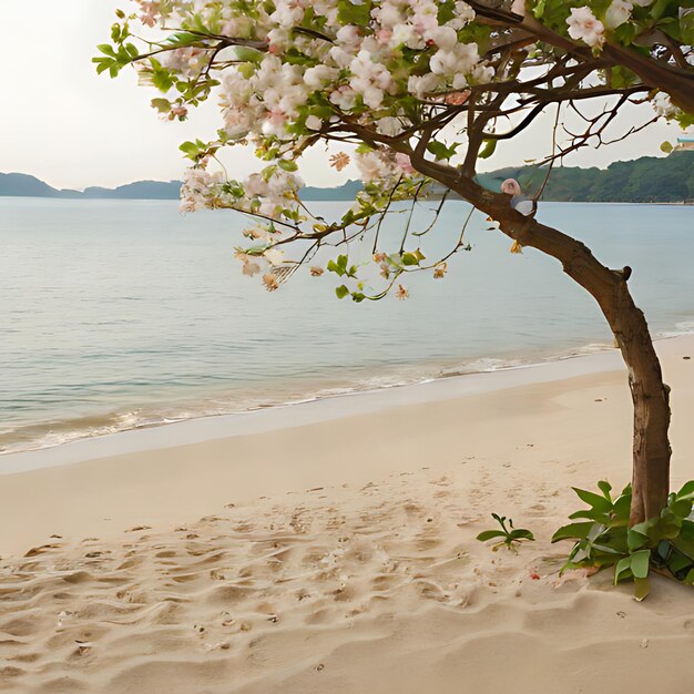 ein Baum mit Blumen ist im Sand