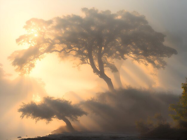 Foto ein baum mit der sonne, die durch die wolken scheint