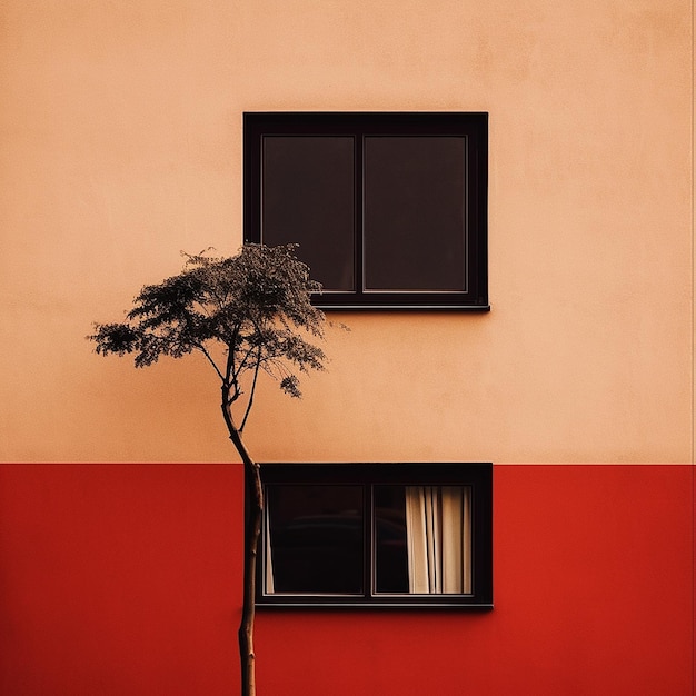 Ein Baum mit einem Fenster wächst vor einem wunderschönen roten Haus. KI-generiertes Bild