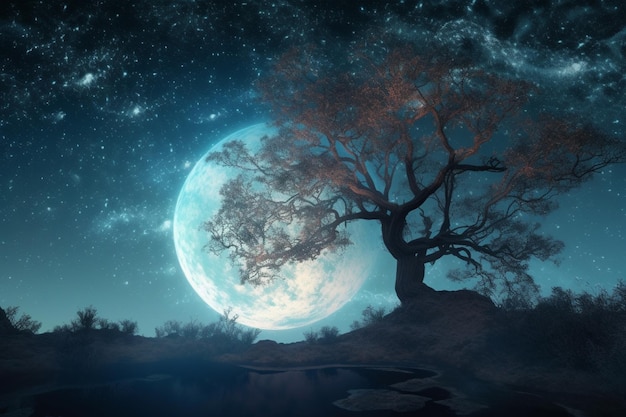 Ein Baum mit einem Mond im Hintergrund