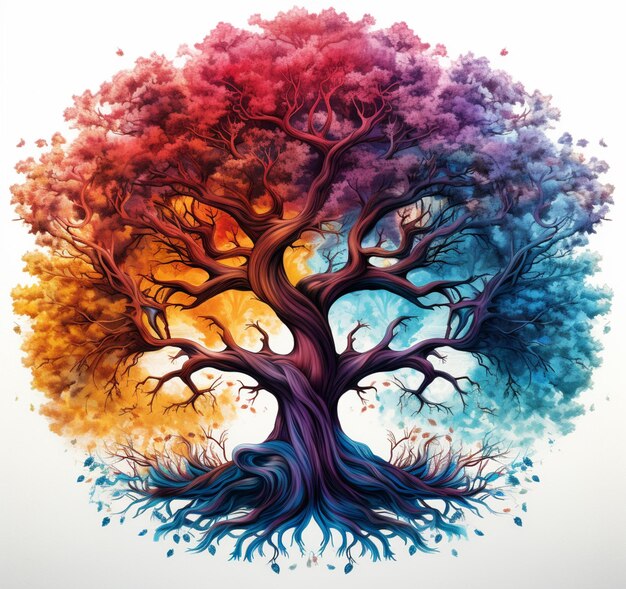ein Baum mit einem regenbogenfarbenen Baum in der Mitte generativ ai
