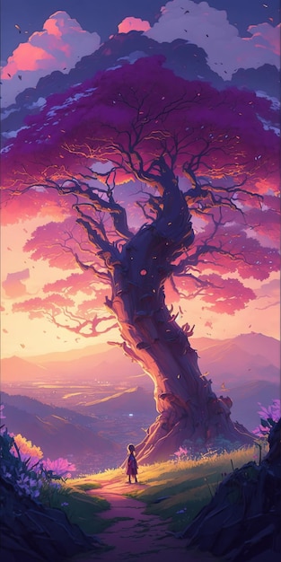 Ein Baum mit einem violetten Himmel und einem violetten Himmel mit einem violetten Himmel und einem violetten Berg im Hintergrund.