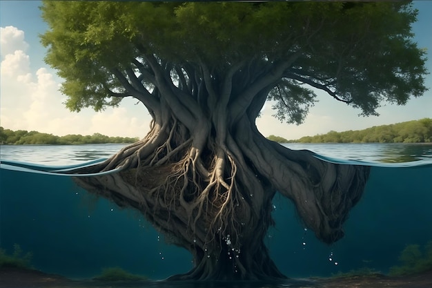 Ein Baum mit einer großen Wurzel steht im von der Luft erzeugten Wasser