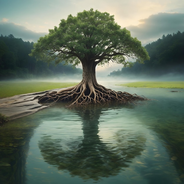 Ein Baum mit einer großen Wurzel steht im Wasser