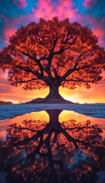 Ein Baum mit einer Spiegelung im Wasser bei Sonnenuntergang, generative KI