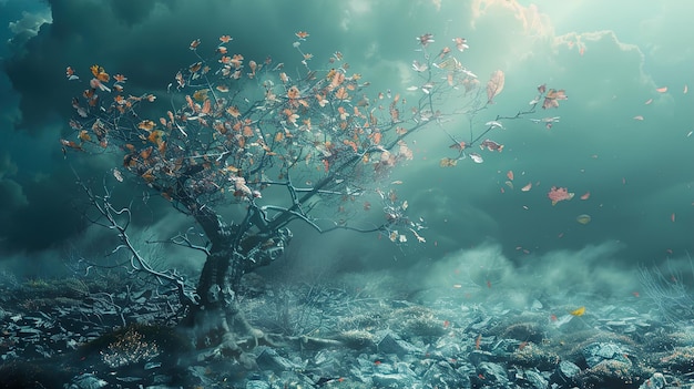ein Baum mit Fischen darin und dem Wasser darunter