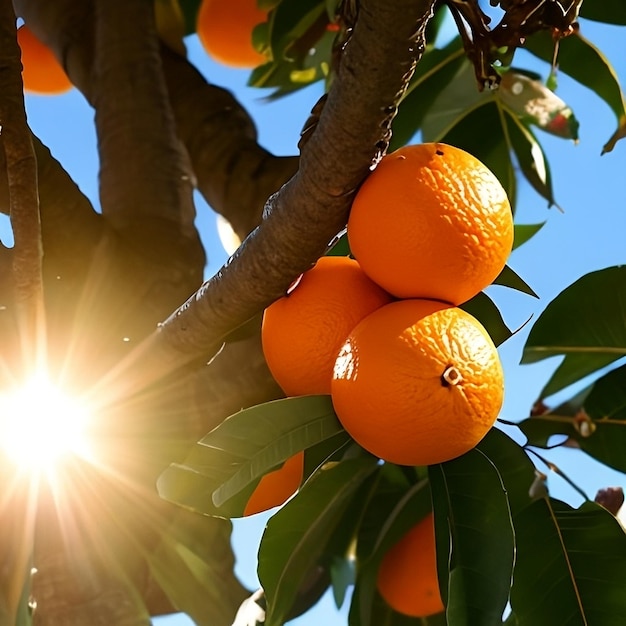 Ein Baum mit Orangen darauf und die Sonne scheint durch die Blätter